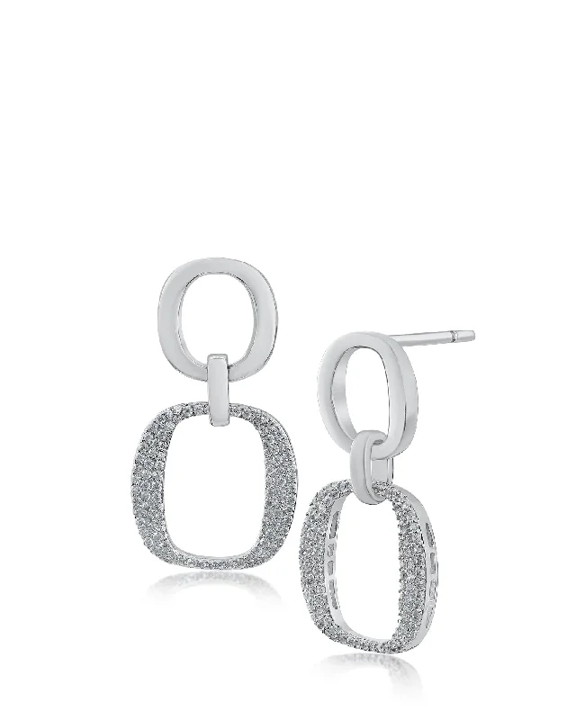 Silver Circle Earrings-Double Square Link Earrings