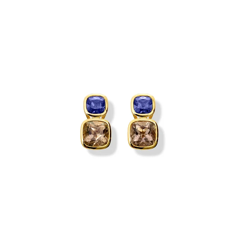 Cool Cuff Earrings-Qin & Han Earrings 18ct Yellow Gold - Iolite & Smoky Quartz