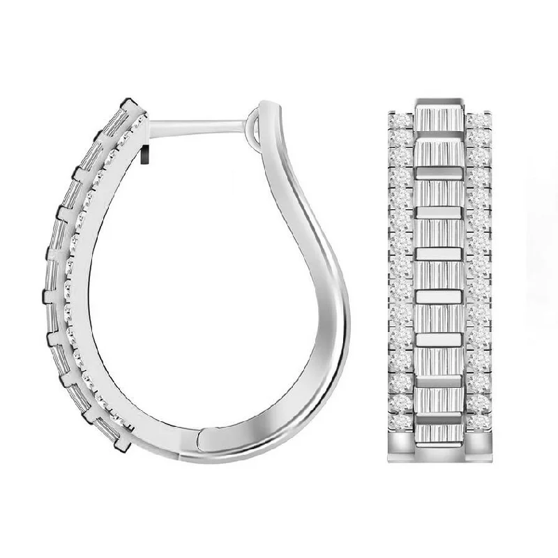 Unique Hoop Earrings-LADIES HOOP EARRINGS 1.50CT ROUND/BAGUETTE DIAMOND 10K WHITE GOLD