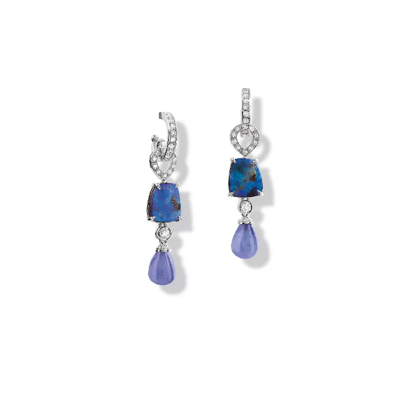 Fun Hoop Earrings-Octavia Earring Drops 18ct White Gold - Blue Opal, Tanzanite & Diamond