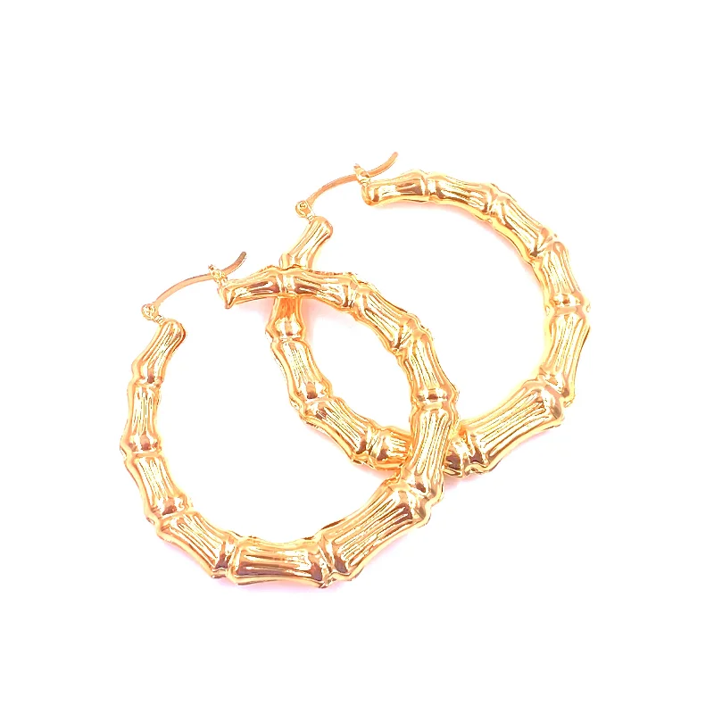 Rose Gold Earrings-Ashley Gold Stainless Steel Gold Plated 1" Bamboo Hoop Earrings