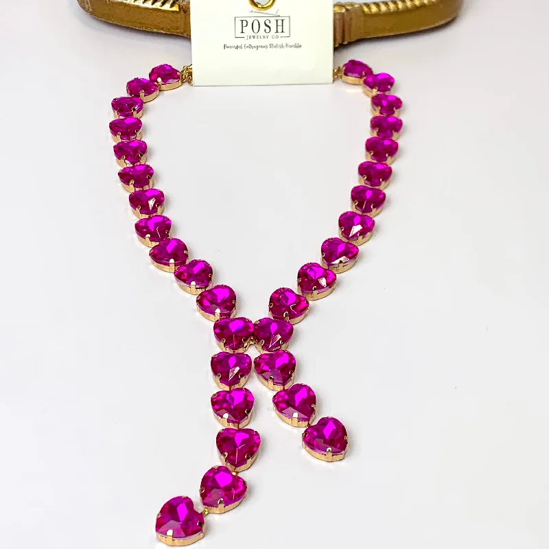 Posh by Pink Panache | Gold Tone Heart Shaped Fuchsia Crystal Lariat Necklace